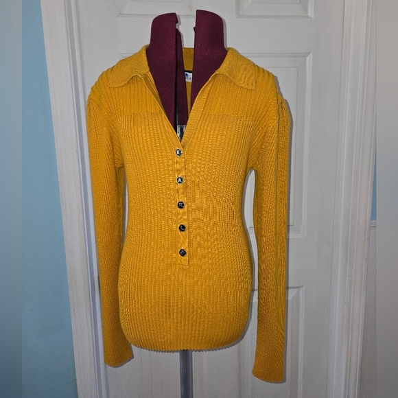 Karl Lagerfeld Sweaters - Karl Lagerfeld Yellow Button-Up Ribbed Collar Women's Sweater